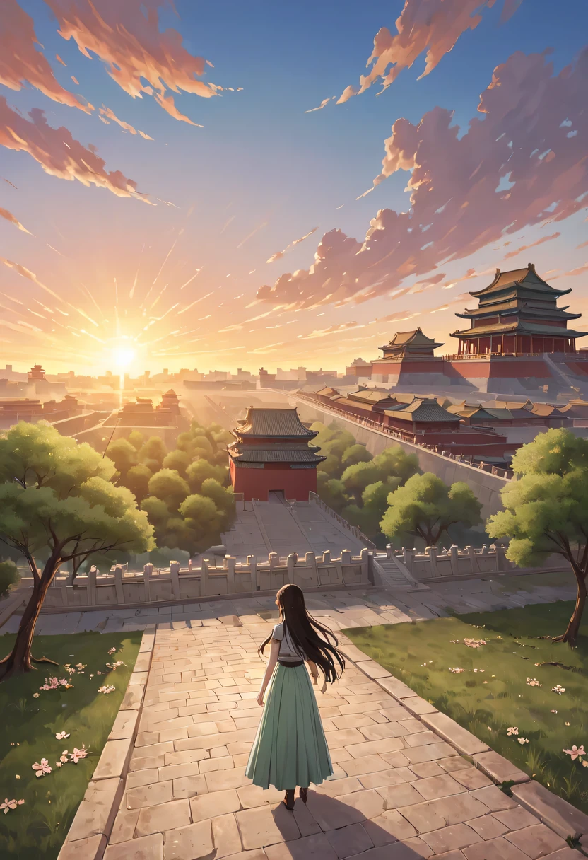 Gaze at the distant skyline，那Sunset余晖与古老的the forbidden city映造出一道美丽的风景，Ancient road westerly wind，the forbidden city，Sunset，Sunset，cloud，fallen flowers，ancient city，dead tree，mottled，grassland，Silent and desolate，Old crow