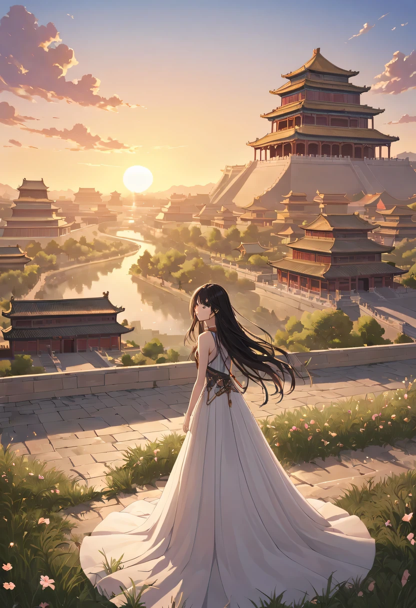 Gaze at the distant skyline，那Sunset余晖与古老的the forbidden city映造出一道美丽的风景，Ancient road westerly wind，the forbidden city，Sunset，Sunset，cloud，fallen flowers，ancient city，dead tree，mottled，grassland，Silent and desolate，Old crow