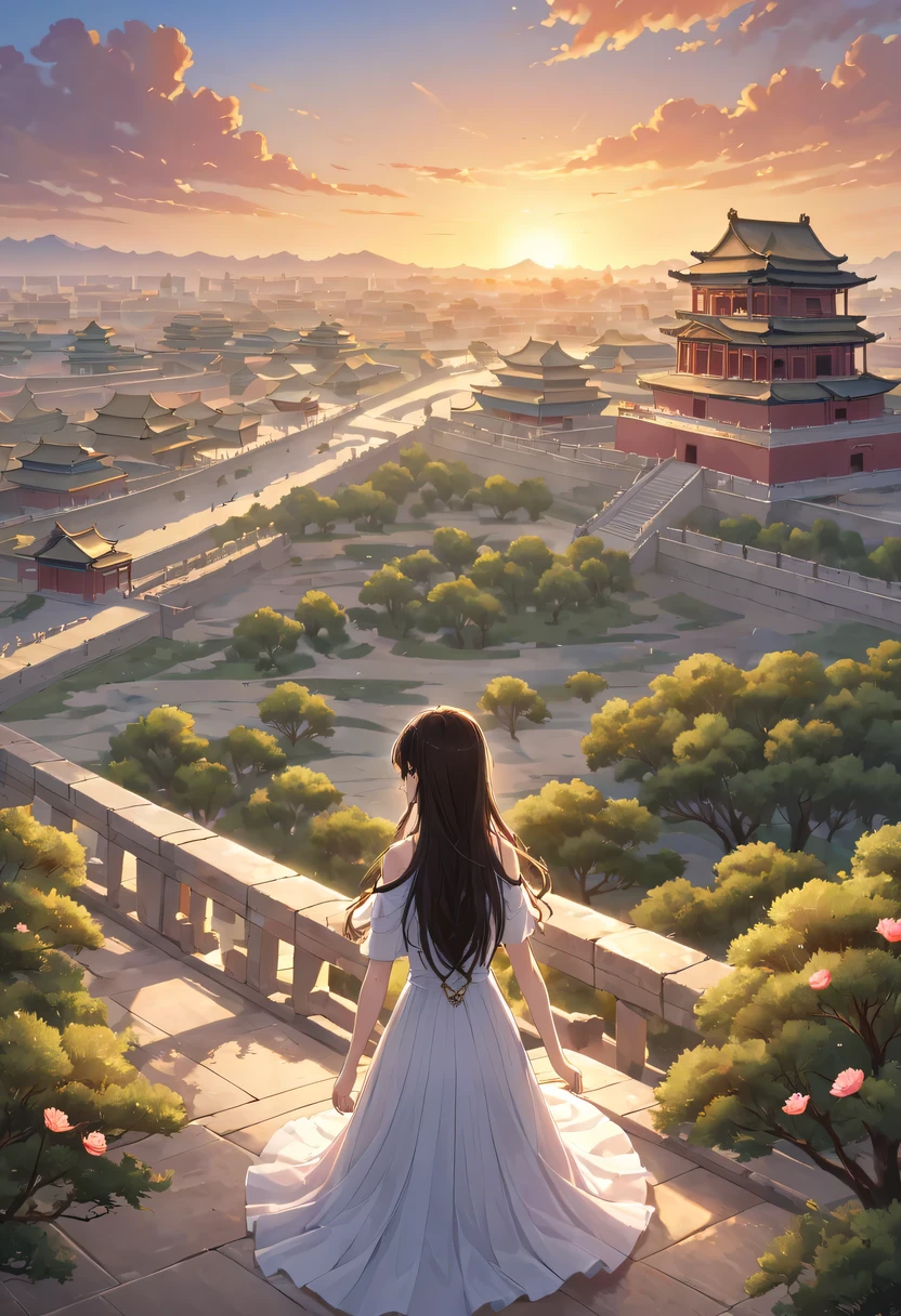 Gaze at the distant skyline，那Sunset余晖与古老的the forbidden city映造出一道美丽的风景，Ancient road westerly wind，the forbidden city，Sunset，Sunset，cloud，fallen flowers，ancient city，dead tree，mottled，grassland，Silent and desolate，Old crow