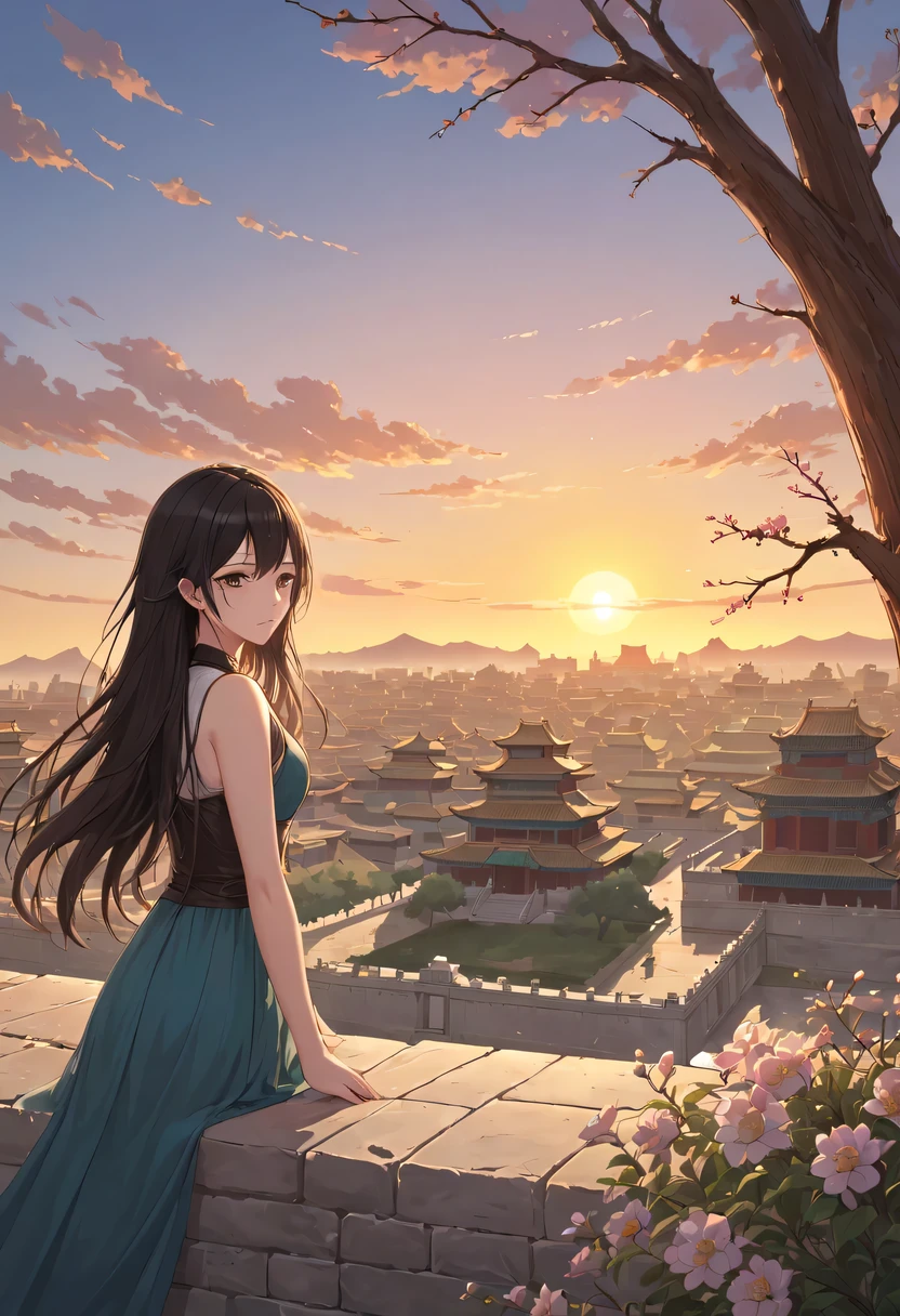 Gaze at the distant skyline，那Sunset余晖与古老的the forbidden city映造出一道美丽的风景，Ancient road westerly wind，the forbidden city，Sunset，Sunset，cloud，fallen flowers，ancient city，dead tree，mottled，grassland，Silent and desolate，Old crow