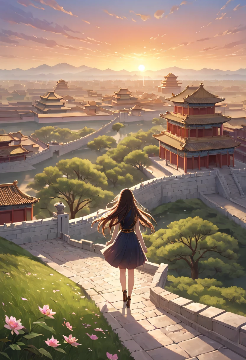 Gaze at the distant skyline，那Sunset余晖与古老的the forbidden city映造出一道美丽的风景，Ancient road westerly wind，the forbidden city，Sunset，Sunset，cloud，fallen flowers，ancient city，dead tree，mottled，grassland，Silent and desolate，Old crow