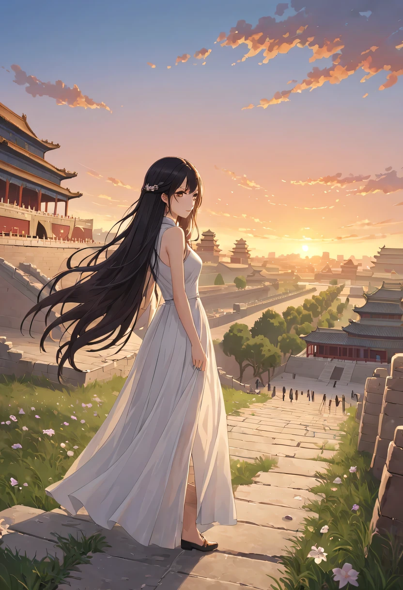 Gaze at the distant skyline，那Sunset余晖与古老的the forbidden city映造出一道美丽的风景，Ancient road westerly wind，the forbidden city，Sunset，Sunset，cloud，fallen flowers，ancient city，dead tree，mottled，grassland，Silent and desolate，Old crow