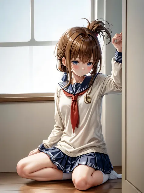 (masterpiece, highest quality:1.2),figure,8k,hd,1 girl,alone,brown_hair,folded_ponytail,brown_eye,serafuku,length_hair,school_un...