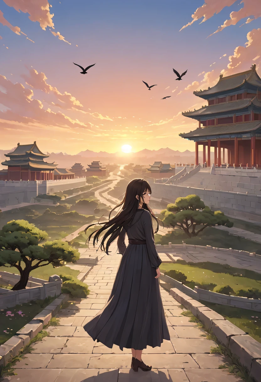 Gaze at the distant skyline，那Sunset余晖与古老的the forbidden city映造出一道美丽的风景，Ancient road westerly wind，the forbidden city，Sunset，Sunset，cloud，fallen flowers，ancient city，dead tree，mottled，grassland，Silent and desolate，Old crow