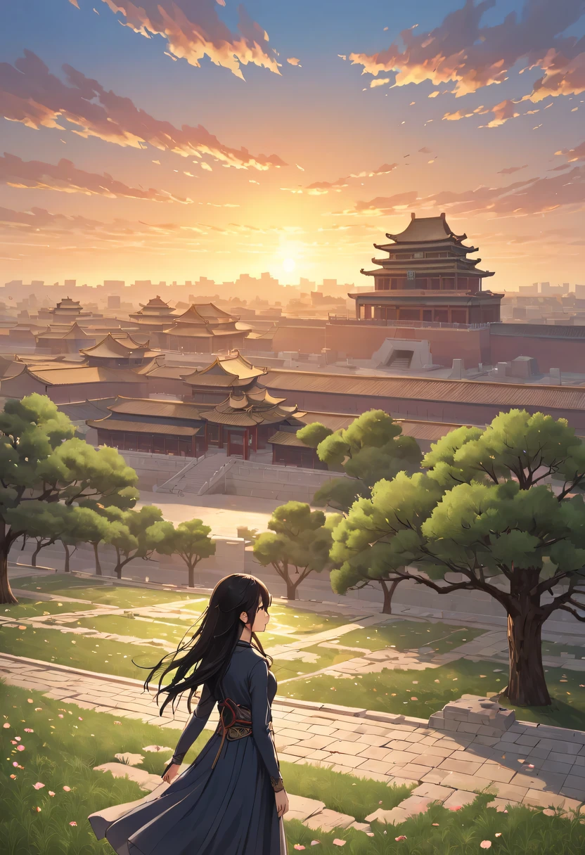 Gaze at the distant skyline，那Sunset余晖与古老的the forbidden city映造出一道美丽的风景，Ancient road westerly wind，the forbidden city，Sunset，Sunset，cloud，fallen flowers，ancient city，dead tree，mottled，grassland，Silent and desolate，Old crow