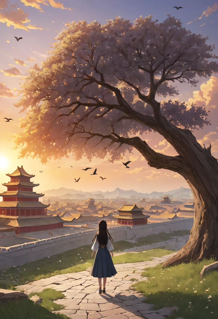 Gaze at the distant skyline，那Sunset余晖与古老的the forbidden city映造出一道美丽的风景，Ancient road westerly wind，the forbidden city，Sunset，Sunset，cloud，fallen flowers，ancient city，dead tree，mottled，grassland，Silent and desolate，Old crow