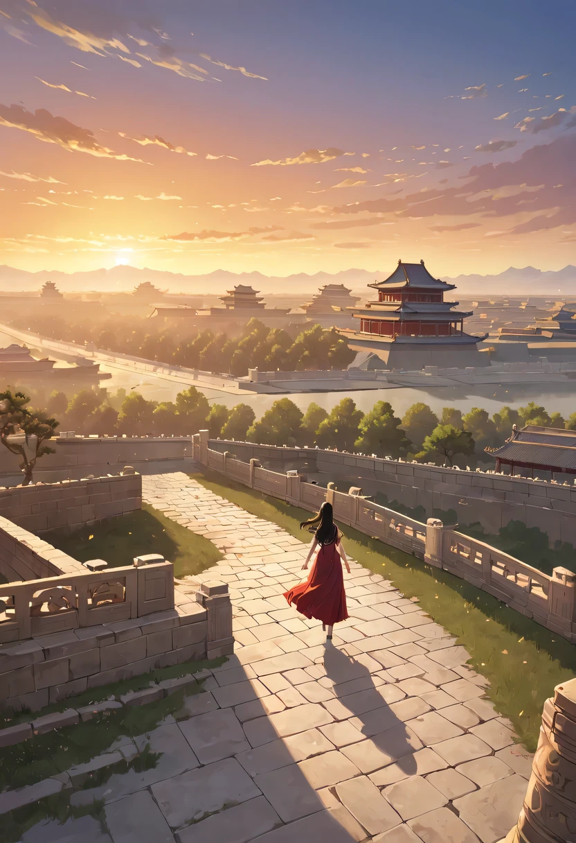 1 girl，模特拍照姿势栖息在ancient city房屋的顶端，Gaze at the distant skyline，那Sunset余晖与古老的the forbidden city映造出一道美丽的风景，west wind blows girl&#39;Long hair on the ancient road，the forbidden city，Sunset，Sunset，cloud，fallen flowers，ancient city，dead tree，Old crow，mottled，grassland，Silent and desolate，