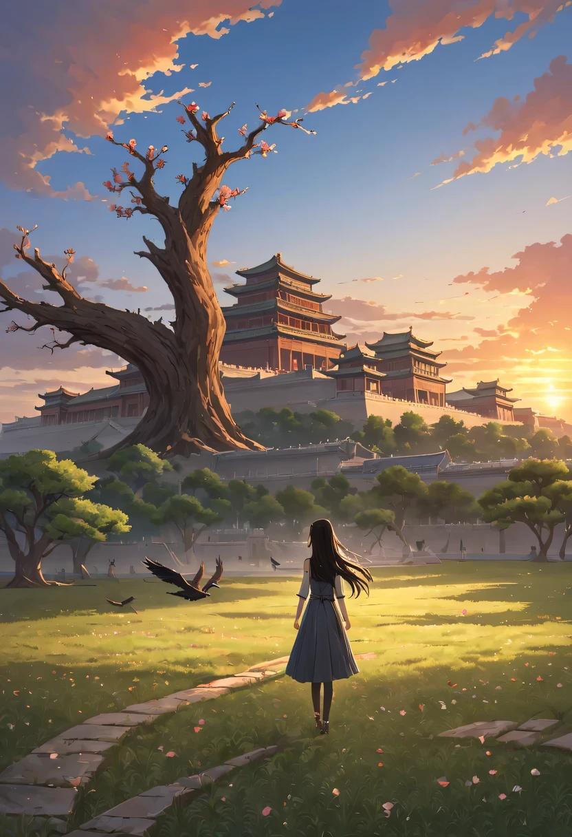 1 girl，模特拍照姿势栖息在ancient city房屋的顶端，Gaze at the distant skyline，那Sunset余晖与古老的the forbidden city映造出一道美丽的风景，west wind blows girl&#39;Long hair on the ancient road，the forbidden city，Sunset，Sunset，cloud，fallen flowers，ancient city，dead tree，Old crow，mottled，grassland，Silent and desolate，