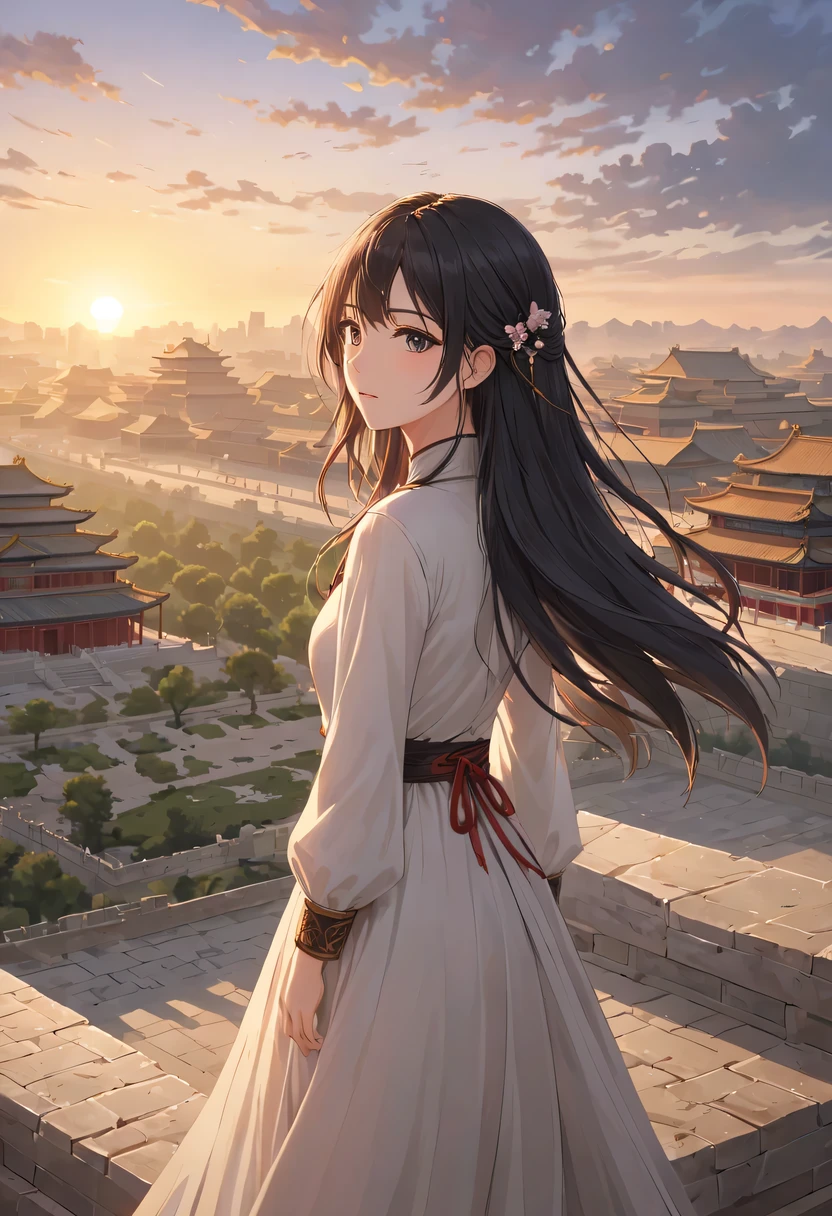 1 girl，模特拍照姿势栖息在ancient city房屋的顶端，Gaze at the distant skyline，那Sunset余晖与古老的the forbidden city映造出一道美丽的风景，west wind blows girl&#39;Long hair on the ancient road，the forbidden city，Sunset，Sunset，cloud，fallen flowers，ancient city，dead tree，Old crow，mottled，grassland，Silent and desolate，