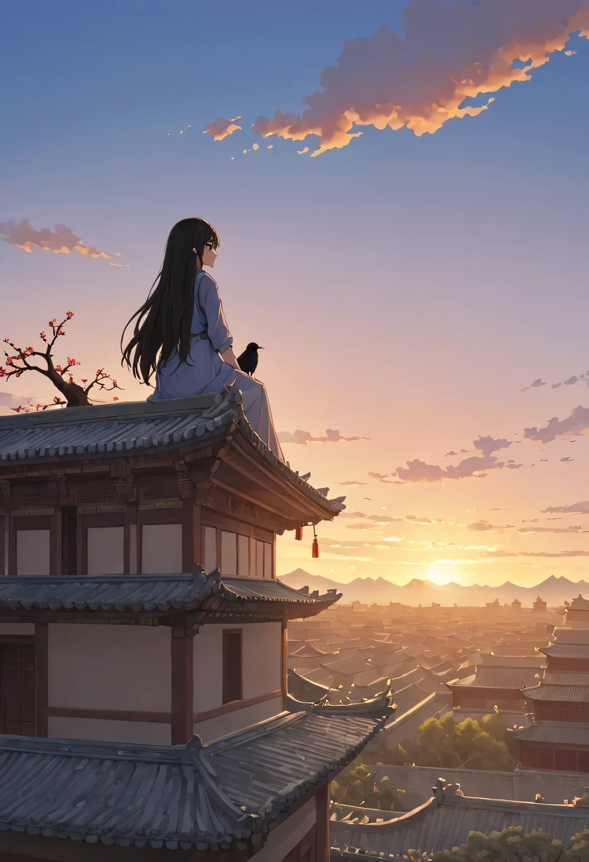 1 girl，模特拍照姿势栖息在ancient city房屋的顶端，Gaze at the distant skyline，那Sunset余晖与古老的the forbidden city映造出一道美丽的风景，west wind blows girl&#39;Long hair on the ancient road，the forbidden city，Sunset，Sunset，cloud，fallen flowers，ancient city，dead tree，Old crow，mottled，grassland，Silent and desolate，