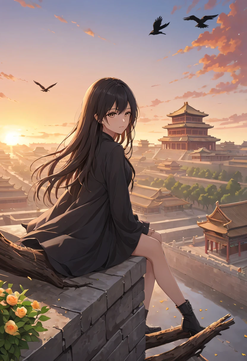 1 girl，模特拍照姿势栖息在ancient city房屋的顶端，Gaze at the distant skyline，那Sunset余晖与古老的the forbidden city映造出一道美丽的风景，west wind blows girl&#39;Long hair on the ancient road，the forbidden city，Sunset，Sunset，cloud，fallen flowers，ancient city，dead tree，Old crow，mottled，grassland，Silent and desolate，