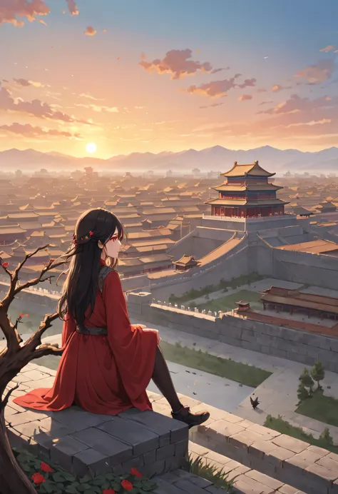 A woman with red makeup sits on the roof of the house，Gaze at the distant skyline，那Sunset余晖与古老的the forbidden city映造出一道美丽的风景，west...