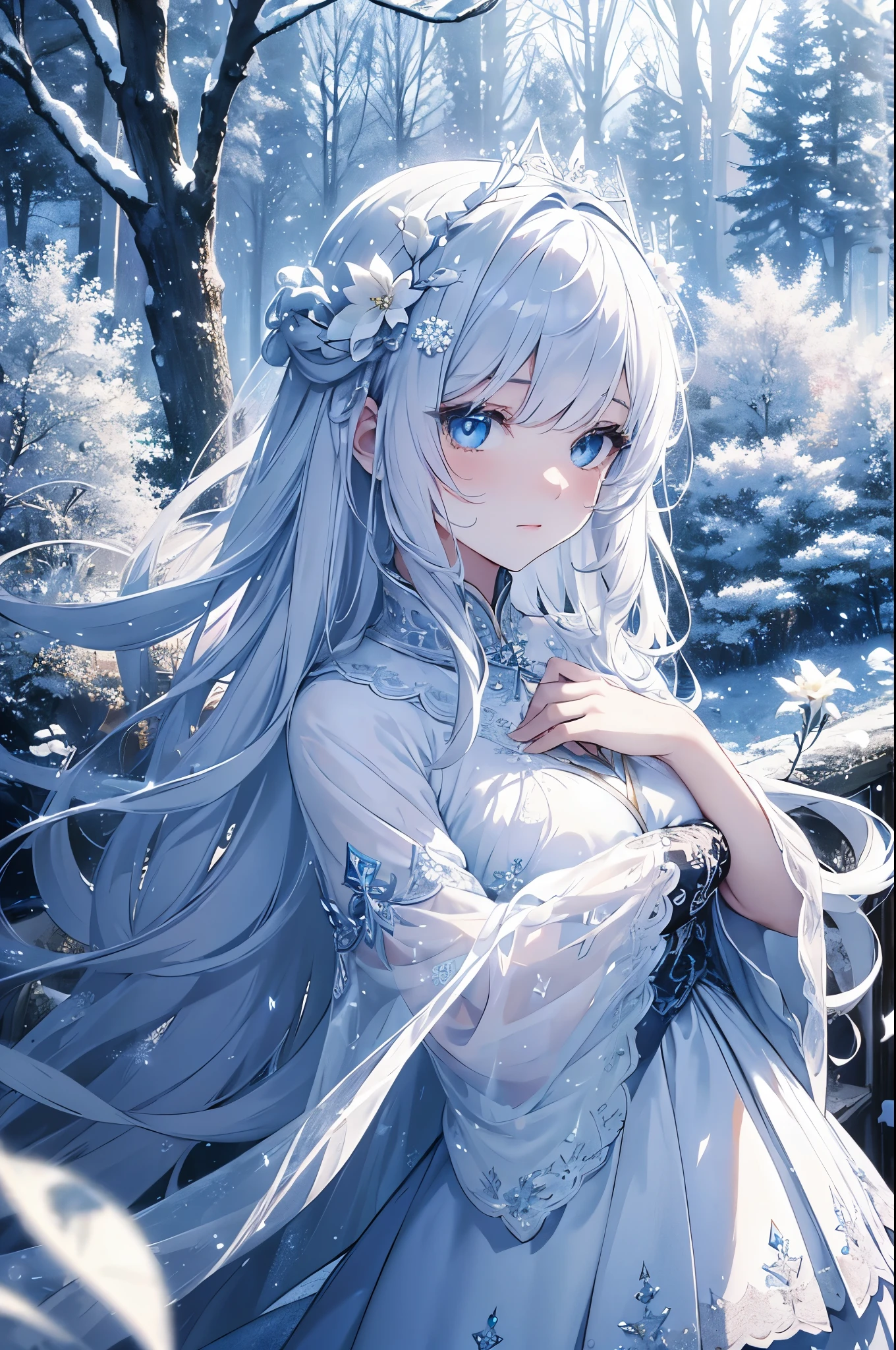 White hair girl, beautiful detailed eyes, pale skin, flowing white hair, elegant pose, fantasy setting, soft lighting, ethereal atmosphere, mesmerizing gaze, delicate features, porcelain-like complexion, long white hair cascading down her back, intricate braids adorned with flowers, silver crown on her head, sparkling snowflakes falling around her, snow-covered landscape, shimmering blue dress, graceful movement, dreamlike aura, enchanting beauty, enchanted forest, surreal color palette, delicate snowflakes melting on her fingertips, frozen breath in the air, winter wonderland scenery, magical glow surrounding her, serene expression, captivating presence, subtle hints of blue and silver, soft rays of sunlight filtering through the trees, tranquility and peace in her presence, icy blue eyes reflecting the beauty of her surroundings, dreamy and otherworldly atmosphere, a touch of mystery, artistic masterpiece, high resolution details, stunning portrait, portrait in a fairytale world.