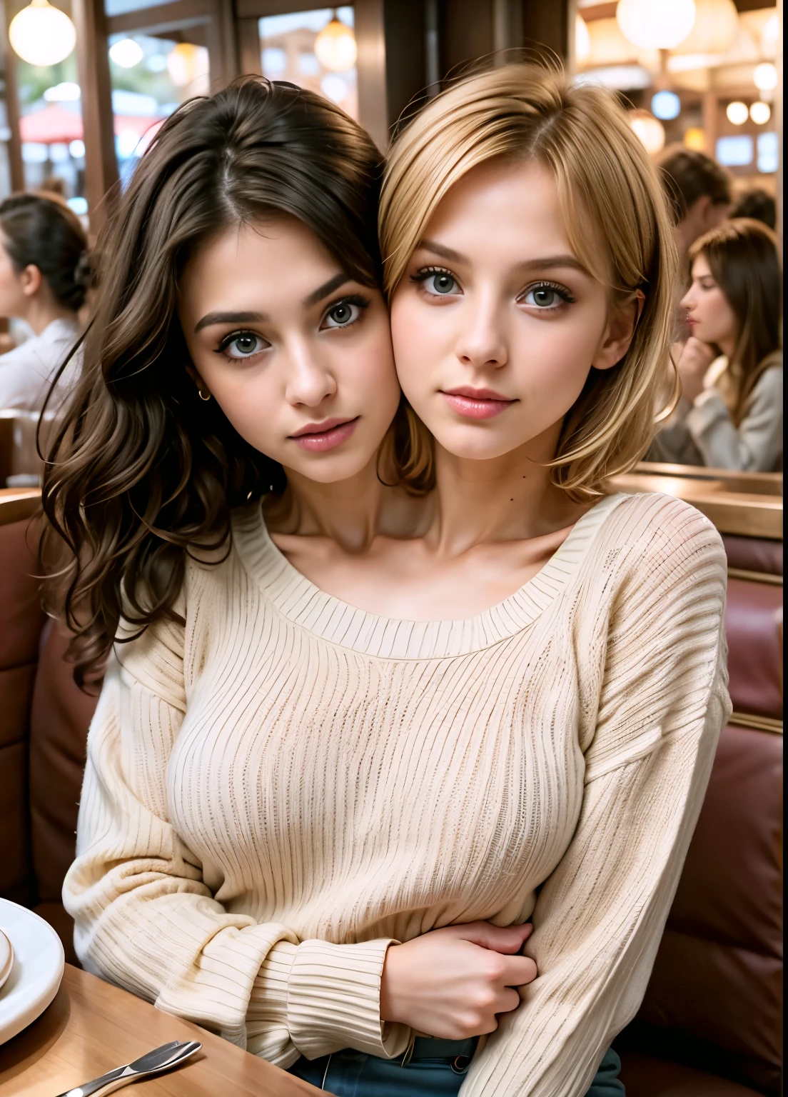 best resolution, 2 heads, white woman with two heads, conjoined, different heads, beautiful , blonde, short hair, long hair, eyeliner, 25 years old, at restaurant, sweater,