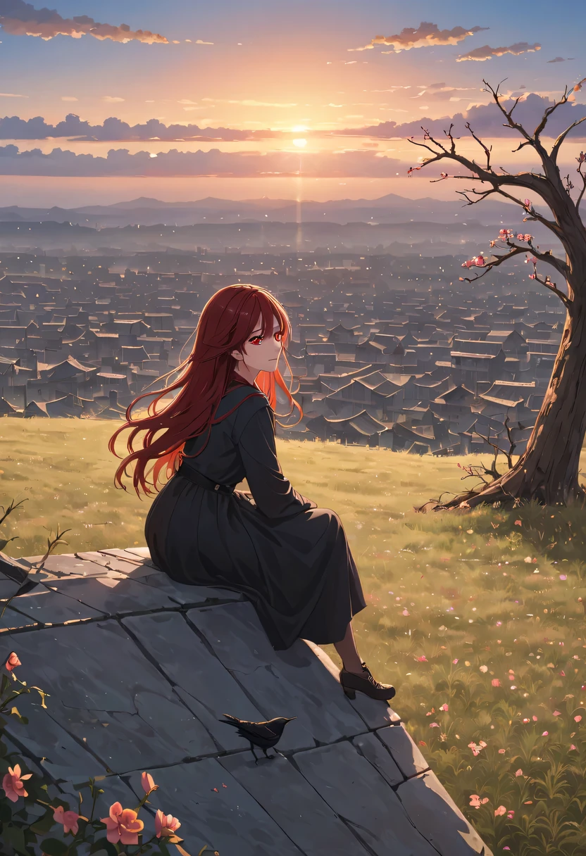 A woman with red makeup sits on the roof of the house，Gaze at the distant skyline，The sunset and the ancient Forbidden City create a beautiful scenery，west wind blows girl&#39;Long hair on the ancient road，Sunset，Sunset，cloud，fallen flowers，ancient city，dead tree，Old crow，mottled，grassland，Silent and desolate，