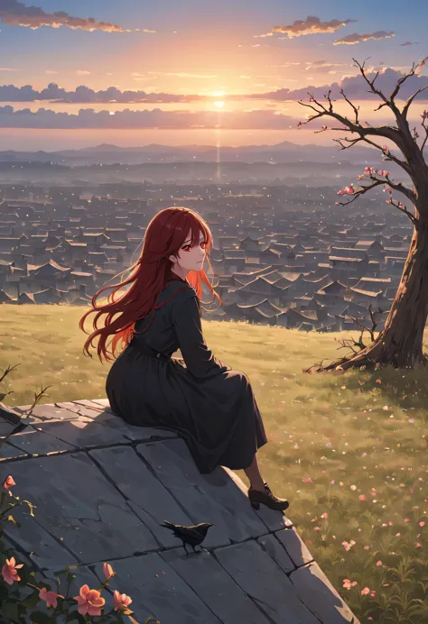 A woman with red makeup sits on the roof of the house，Gaze at the distant skyline，那Sunset余晖与古老的紫禁城映造出一道美丽的风景，west wind blows gir...