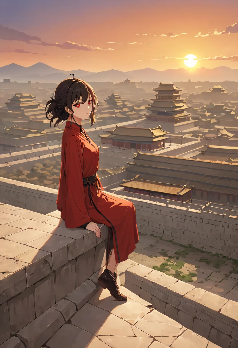 1 girl，模特拍照姿势栖息在ancient city房屋的顶端，Gaze at the distant skyline，那Sunset余晖与古老的the forbidden city映造出一道美丽的风景，west wind blows girl&#39;Long hair on the ancient road，the forbidden city，Sunset，Sunset，cloud，fallen flowers，ancient city，dead tree，Old crow，mottled，grassland，Silent and desolate，