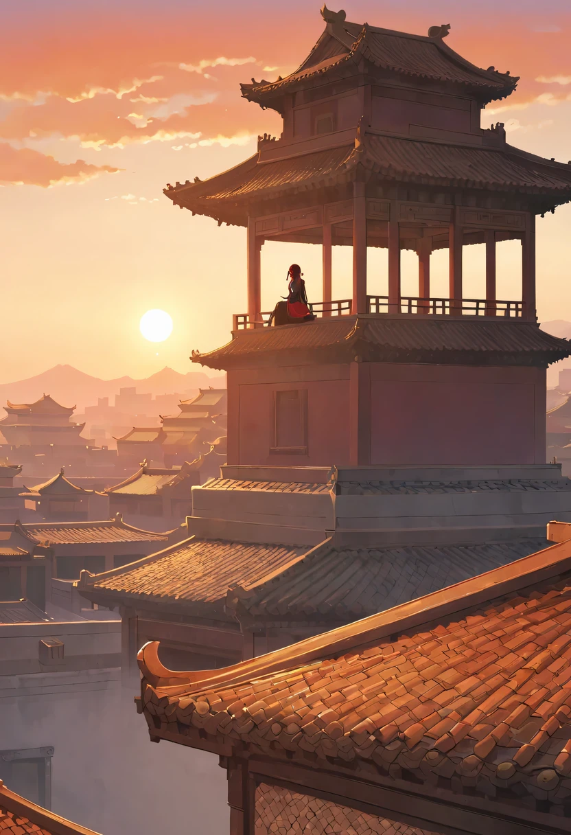 1 girl，模特拍照姿势栖息在ancient city房屋的顶端，Gaze at the distant skyline，那Sunset余晖与古老的the forbidden city映造出一道美丽的风景，west wind blows girl&#39;Long hair on the ancient road，the forbidden city，Sunset，Sunset，cloud，fallen flowers，ancient city，dead tree，Old crow，mottled，grassland，Silent and desolate，