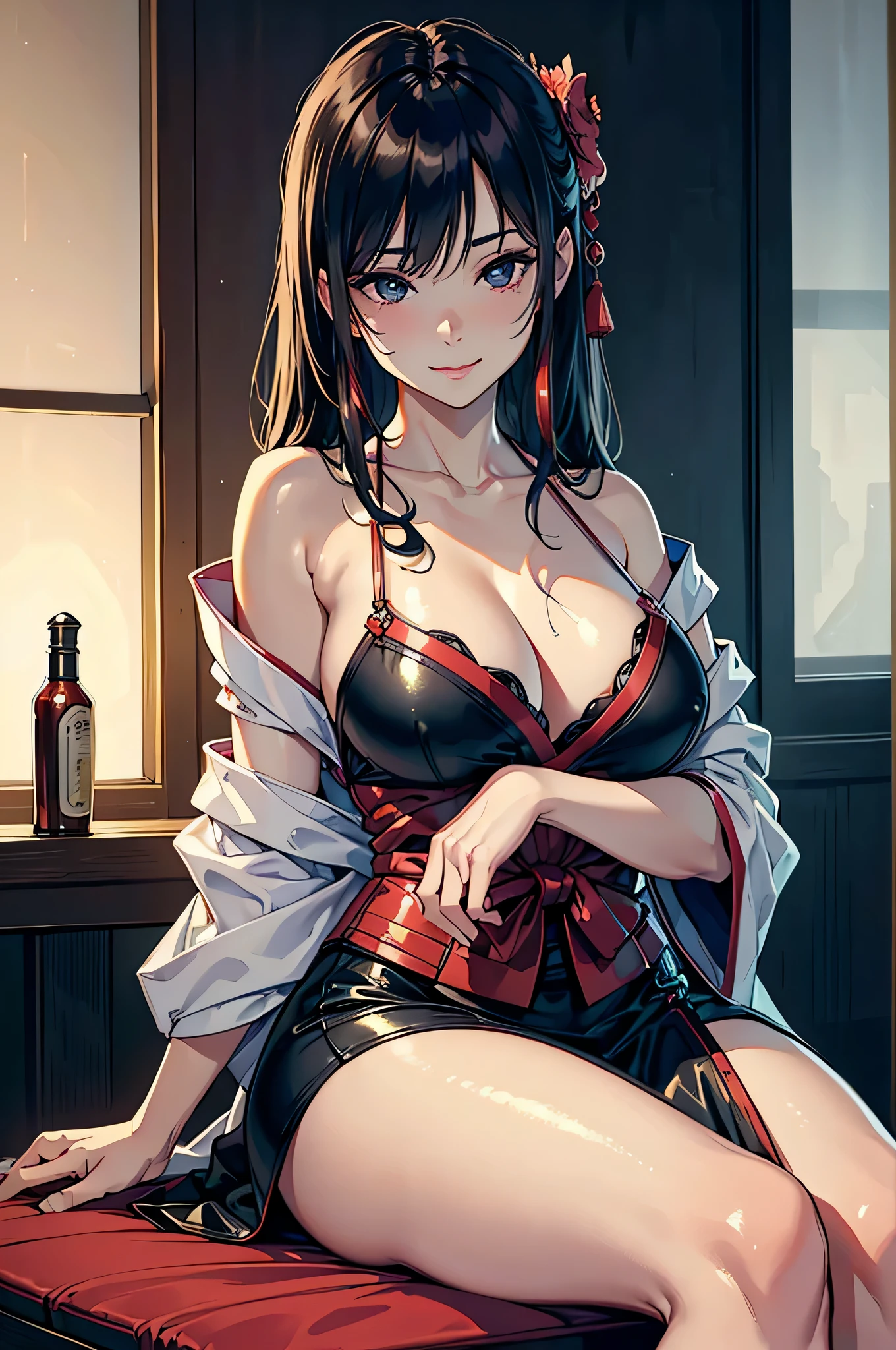 Anime girl in lingerie sitting on a red bench in a room SeaArt AI