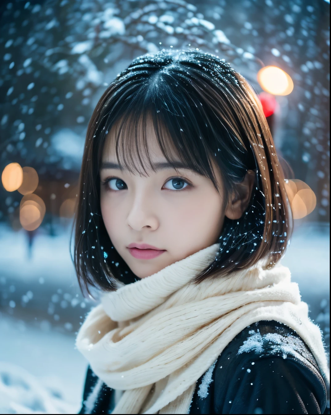 highest quality、masterpiece、ultra high resolution、Live shooting、(photorealistic:1.4)、1 girl、While watching the snow falling quietly. Her introspective and tearful expression、Makes you feel longing and melancholy for winter nights。。。。。。。。、highest quality、hyper hd、Yoshitomo Nara, japanese model, Beautiful Japan wife, with short hair, 27 years old女性モデル, 4km race ], In 4K], 27 years old, Sakimi-chan, Sakimi-chan