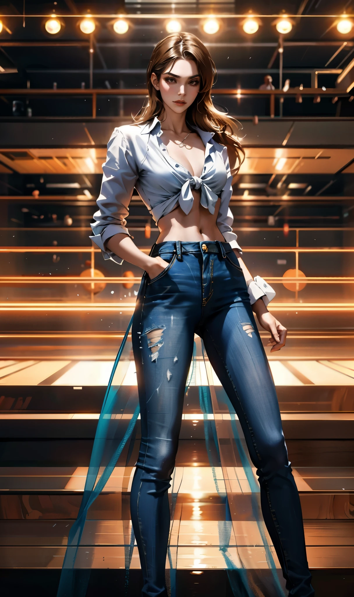 A woman with light brown long hair, a delicate face, a blank look in her eyes, a slender and firm dancer's figure, a fantasy-realistic style outfit, she ties a French shirt at her chest, revealing her graceful waistline, she wears tight jeans on her lower body, a flowing skirt is gracefully tied around her waist, she walks leisurely in a fantasy-style town, this character embodies a finely crafted fantasy-realistic style female dancer in anime style, exquisite and mature manga art style, beautiful woman, high definition, best quality, highres, ultra-detailed, ultra-fine painting, extremely delicate, professional, anatomically correct, symmetrical face, extremely detailed eyes and face, high quality eyes, creativity, RAW photo, UHD, 8k, Natural light, cinematic lighting, masterpiece-anatomy-perfect, masterpiece:1.5