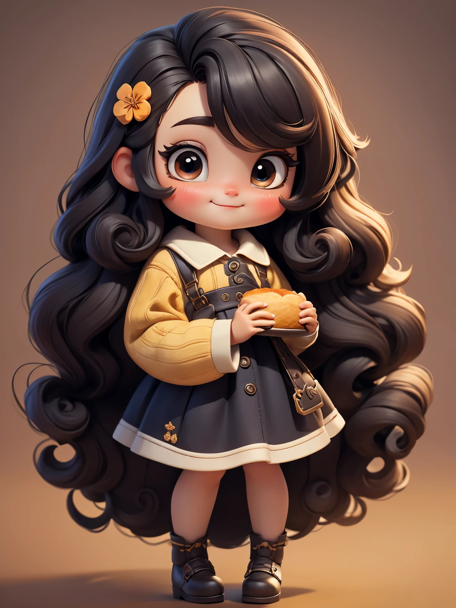 A cartoon girl with long black hair and a yellow sweater holding a bag -  SeaArt AI