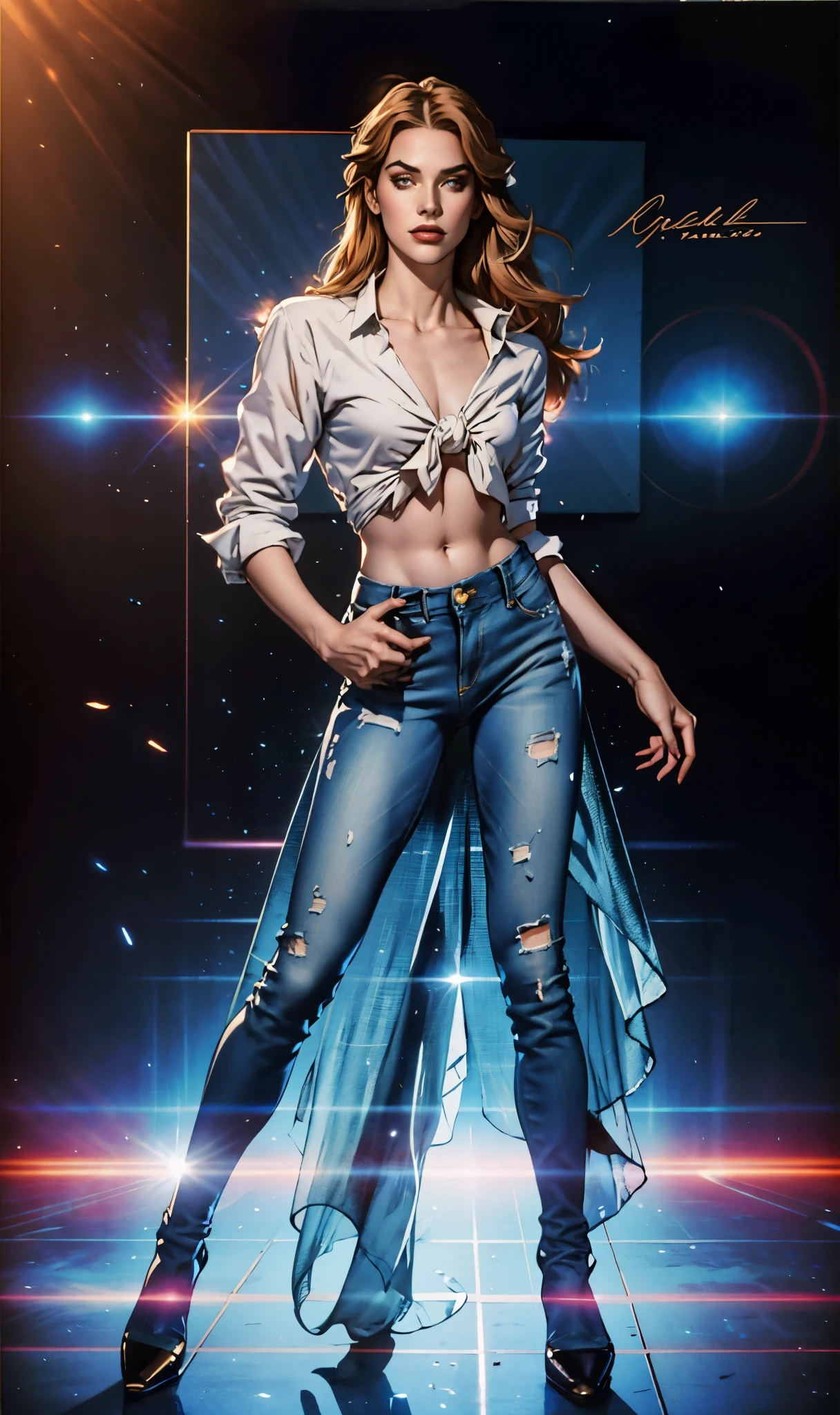 A woman with light brown long hair, a delicate face, a blank look in her eyes, a slender and firm dancer's figure, a fantasy-realistic style outfit, she ties a French shirt at her chest, revealing her graceful waistline, she wears tight jeans on her lower body, a flowing skirt is gracefully tied around her waist, she walks leisurely in a fantasy-style town, this character embodies a finely crafted fantasy-realistic style female dancer in anime style, exquisite and mature manga art style, beautiful woman, high definition, best quality, highres, ultra-detailed, ultra-fine painting, extremely delicate, professional, anatomically correct, symmetrical face, extremely detailed eyes and face, high quality eyes, creativity, RAW photo, UHD, 8k, Natural light, cinematic lighting, masterpiece-anatomy-perfect, masterpiece:1.5