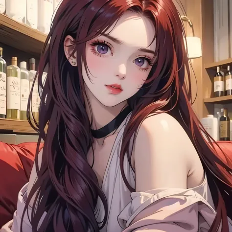 A girl with wine red hair and violet eyes.