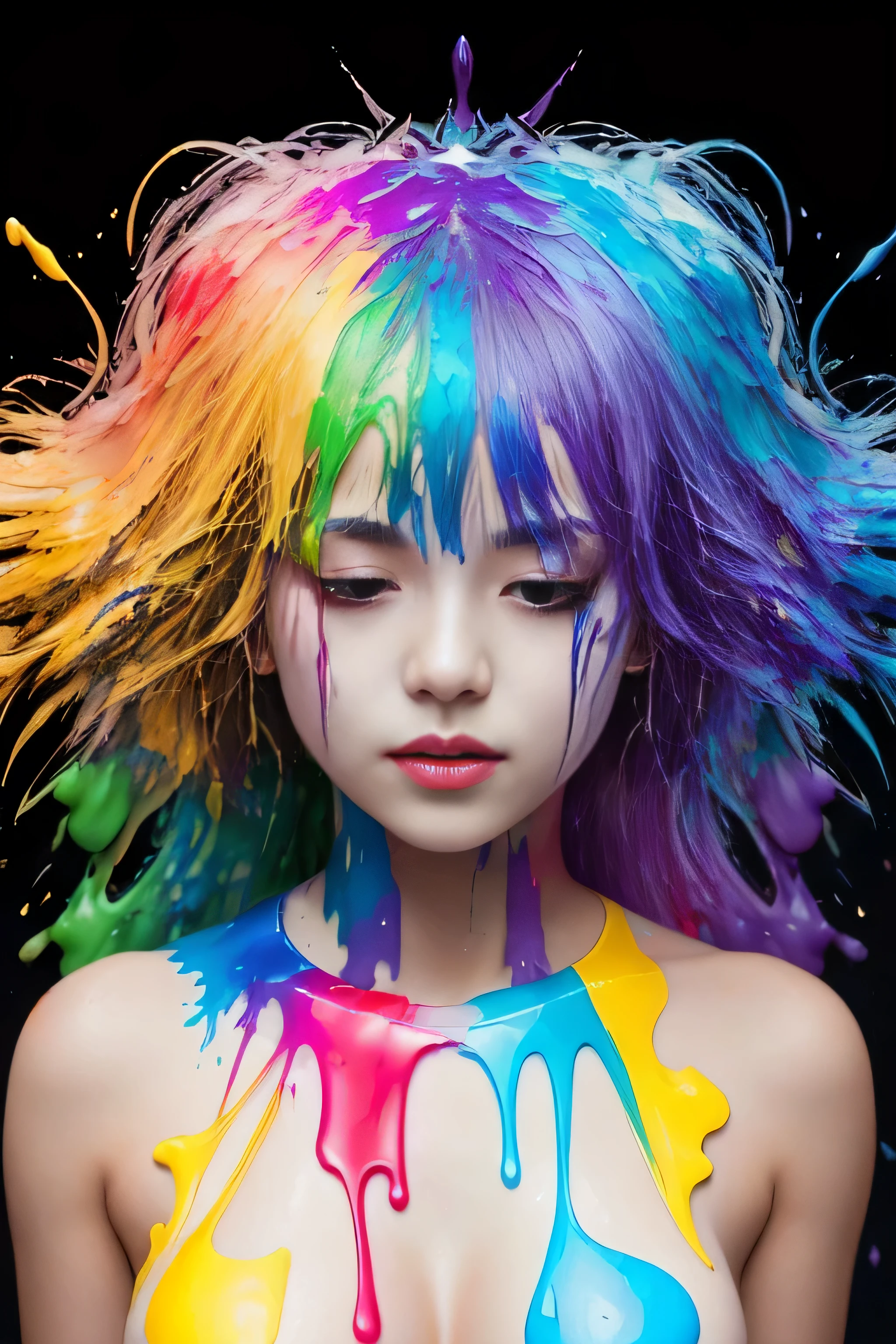 (level difference:1.8),(Paint collides and splatters on the canvas),(written boundary depth),1 girl, 15 years old, Japanese, (Liquid Paint Rainbow Hair:1.1) , (liquid paint rainbow bust:1.1), paint、defy gravity,thick stream,(Paint splatters:1.3),liquid state,amazingly beautiful, masterpiece, detailed background,Super high quality model, amazing background,abstract beauty, (A lot of paint drips, cover most of the naked body.), (A large amount of paint is dripping from the left and right chest.), explosive volumetric, Oil,Heavy Stroke,romantic lighting,Scattered beneath the surface,lens 135mm,f1.8,shine,8K,High resolution, dream-like,ray tracing,HDR,god&#39;light,