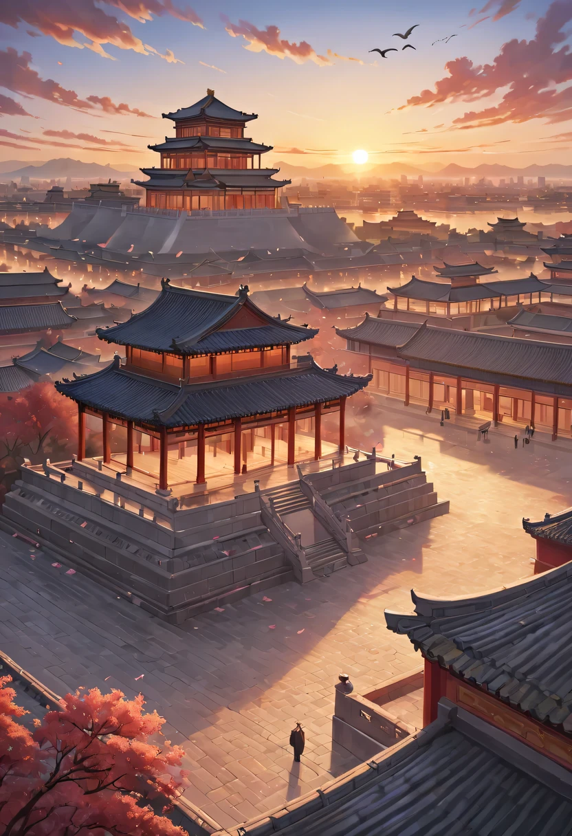 (best quality,4K,8k,high resolution,masterpiece:1.2),Super detailed,actual,Romantic,Chinese traditional style house,Lovers standing on the roof,Staring at the distant skyline,the sunset glow casting a beautiful scenery with the ancient capital city,the forbidden city,Colorful clouds,falling petals,Sunset over the city wall,ancient capital city,Wild geese flying in formation