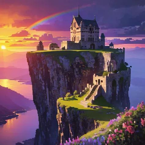 ancient stone building on the cliff，sunset，a lot of flowers，rainbow after rain，（（（pixel style）））（（（mysterious atmosphere）））（（（ma...