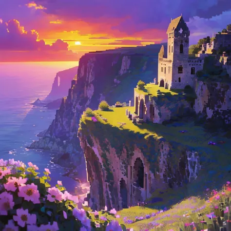 ancient stone building on the cliff，sunset，a lot of flowers，rainbow after rain，（（（pixel style）））（（（mysterious atmosphere）））（（（ma...