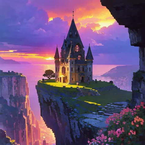 ancient stone building on the cliff，sunset，a lot of flowers，rainbow after rain，（（（pixel style）））（（（mysterious atmosphere）））（（（ma...