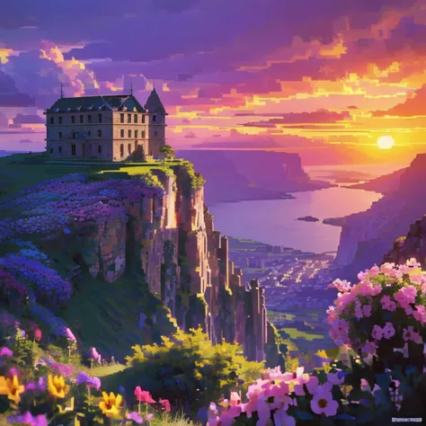 ancient stone building on the cliff，sunset，a lot of flowers，rainbow after rain，（（（pixel style）））（（（mysterious atmosphere）））（（（ma...