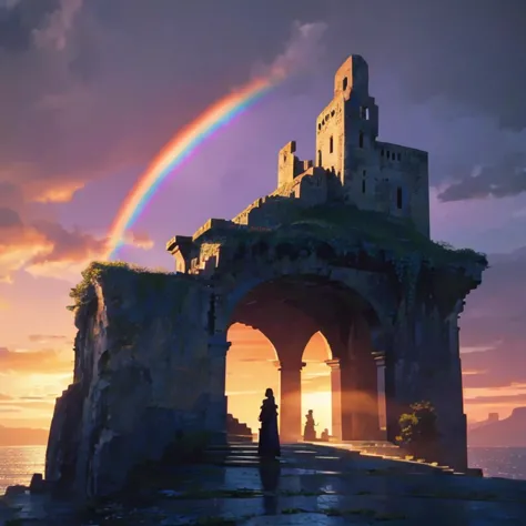 ancient stone mysterious building on the cliff，sunset，a lot of flowers，rainbow after rain，（（（pixel style）））（（（mysterious atmosph...