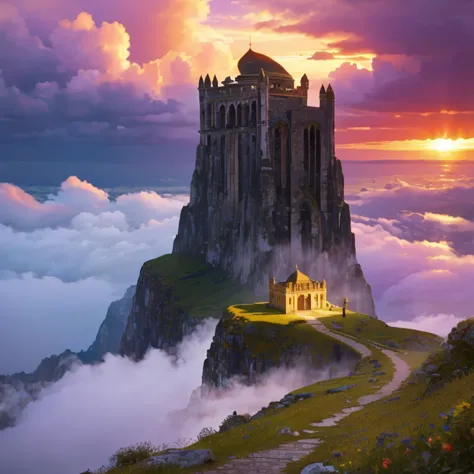 clouds and mist surround the ancient stone mysterious building on the mountain cliff，sunset，a lot of flowers，rainbow after rain，...