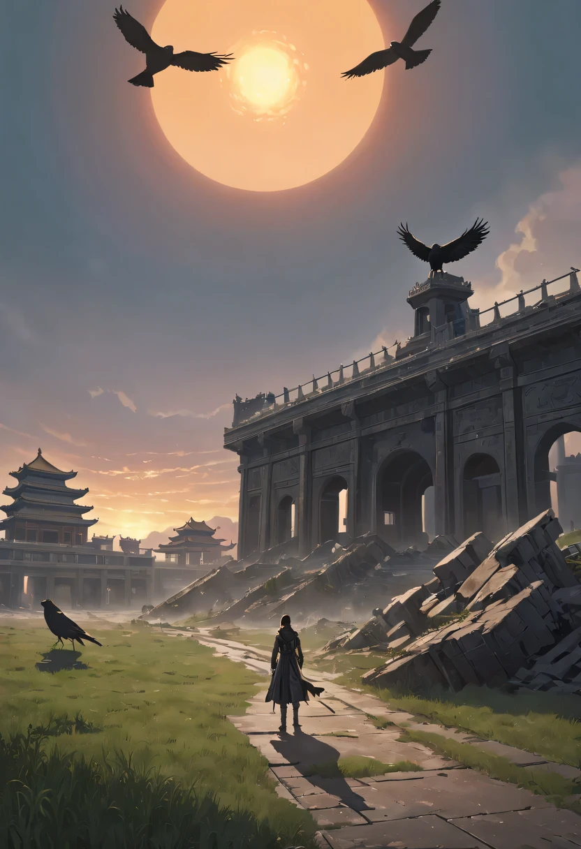 （best quality，4K，8k，high resolution，masterpiece：1.2），super detailed，（lifelike，lifelike，照片lifelike：1.37），future warrior，dead tree，Old crow，Ancient road westerly wind，stare into the distance，sunset in ancient capital，well worn，mottled city wall，Overgrowth and wildfires，quiet and desolate，the forbidden city，light golden color，Faded sunlight，flickering shadow，Birds flying at dusk，desolation and tranquility，Heroic and powerful，cold metal armor，glowing energy weapon，post apocalyptic background，future technology，neon lights，towering skyscrapers，floating hologram，Dystopian atmosphere，Last hope，Determination and resilience，The expression is solemn，fierce battle scenes，swirling dust and debris，Ruins and，chiaroscuro，Dramatic perspective，epic monumental landscape，vast and vast landscape，gloomy color scheme，Lighting effects，A long history，Fusion of past and future。