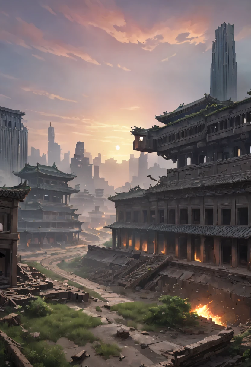 (best quality, 4K, 8k, high resolution, masterpiece: 1.2), Super detailed, (actual, photoactual, photo-actual: 1.37), future warrior, Bare tree, Old crow, West Wind Ancient Road, stare into the distance, sunset in ancient capital, well worn, mottled city wall, Overgrowth and wildfires, quiet and desolate, the forbidden city, Purple tone, Faded sunlight, Flashing shadows, birds flying at dusk, desolation and tranquility, Heroic and powerful, cold metal armor, glowing energy weapon, post apocalyptic background, future technology, neon lights, towering skyscrapers, floating hologram, Dystopian atmosphere, Last hope, Determination and resilience, The expression is solemn, fierce battle scenes, swirling dust and debris, ruins and wreckage, contrast between light and dark, Dramatic perspective, epic and monumental, vast and vast landscape, gloomy color scheme, Cinema-level lighting effects, Billions of years of history, Fusion of past and future.