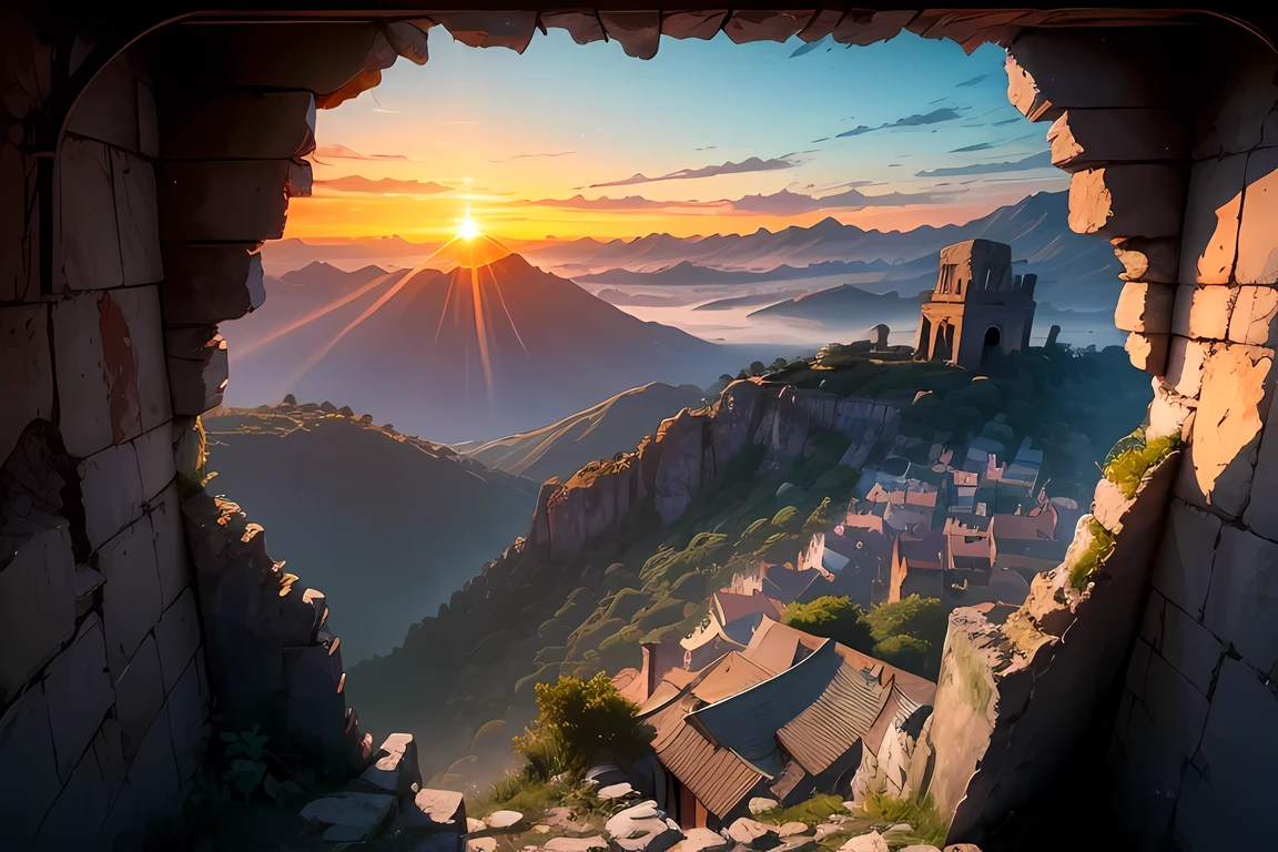 ((masterpiece)), (((best quality))), vibrant colors, ancient architecture, sunsets, golden hour, crumbling walls, overgrown vegetation, mysterious atmosphere, mystical aura, rich history, awe-inspiring view. viewed from a top of a mountain,