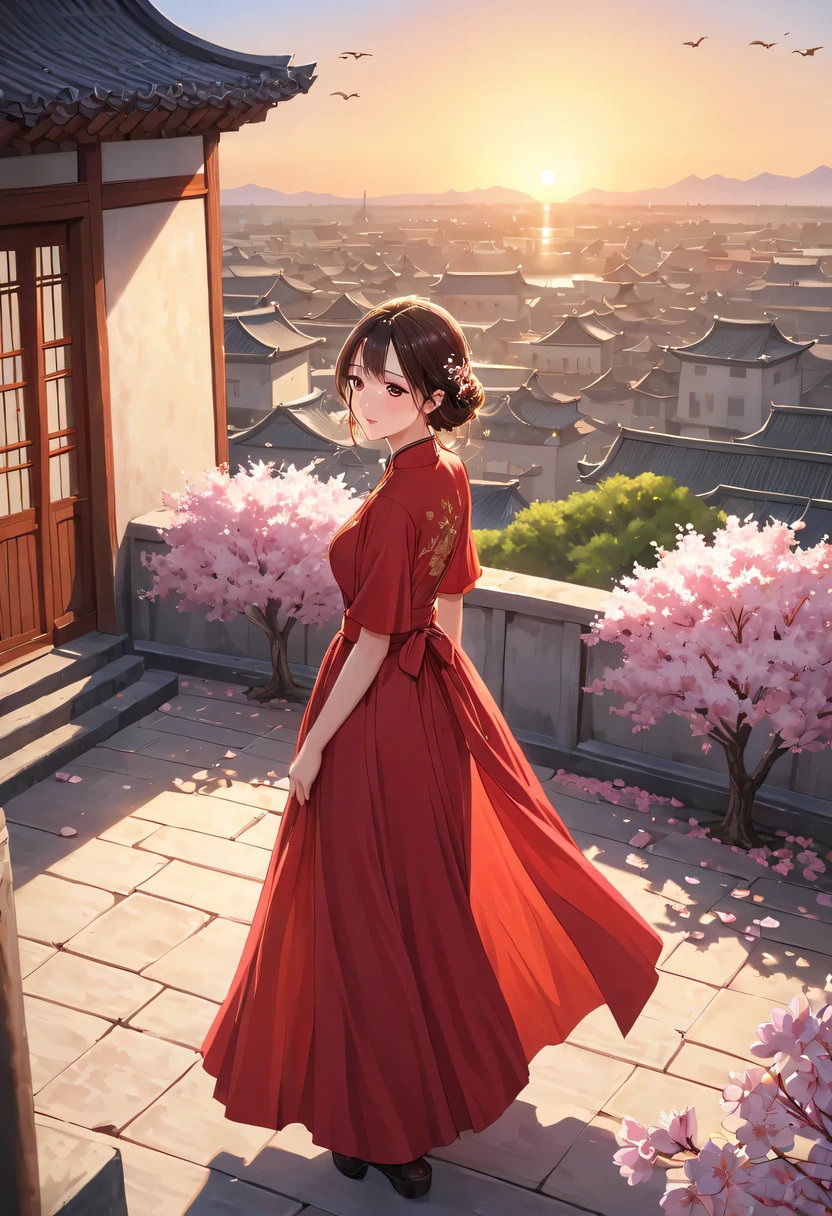 (Girl in red,perched on top of house,Admire the distant skyline,sunset,ancient imperial city,cloud,falling petals,become sunny,historical capital, flock of wild geese) ,painting,Super detailed,bright colors,sharp focus,professional lighting,lifelike,human development report,enclosed garden,Blooming flowers completely cover the ground,There are multiple traditional buildings in the background,Carefully carved wooden structure,curved roof tiles,ancient stone wall and gate,Slender willow trees sway in the breeze,Cherry blossoms fall gently,Traditional Chinese clothing with intricate embroidery,detailed facial features,Expressive eyes and long eyelashes,Smiling lips,Soft sunlight illuminates the scene,peaceful atmosphere,Peaceful and idyllic, A combination of history and natural beauty, Ethereal and timeless.