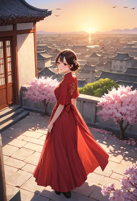 (Girl in red,perched on top of house,Admire the distant skyline,sunset,ancient imperial city,cloud,falling petals,become sunny,h...