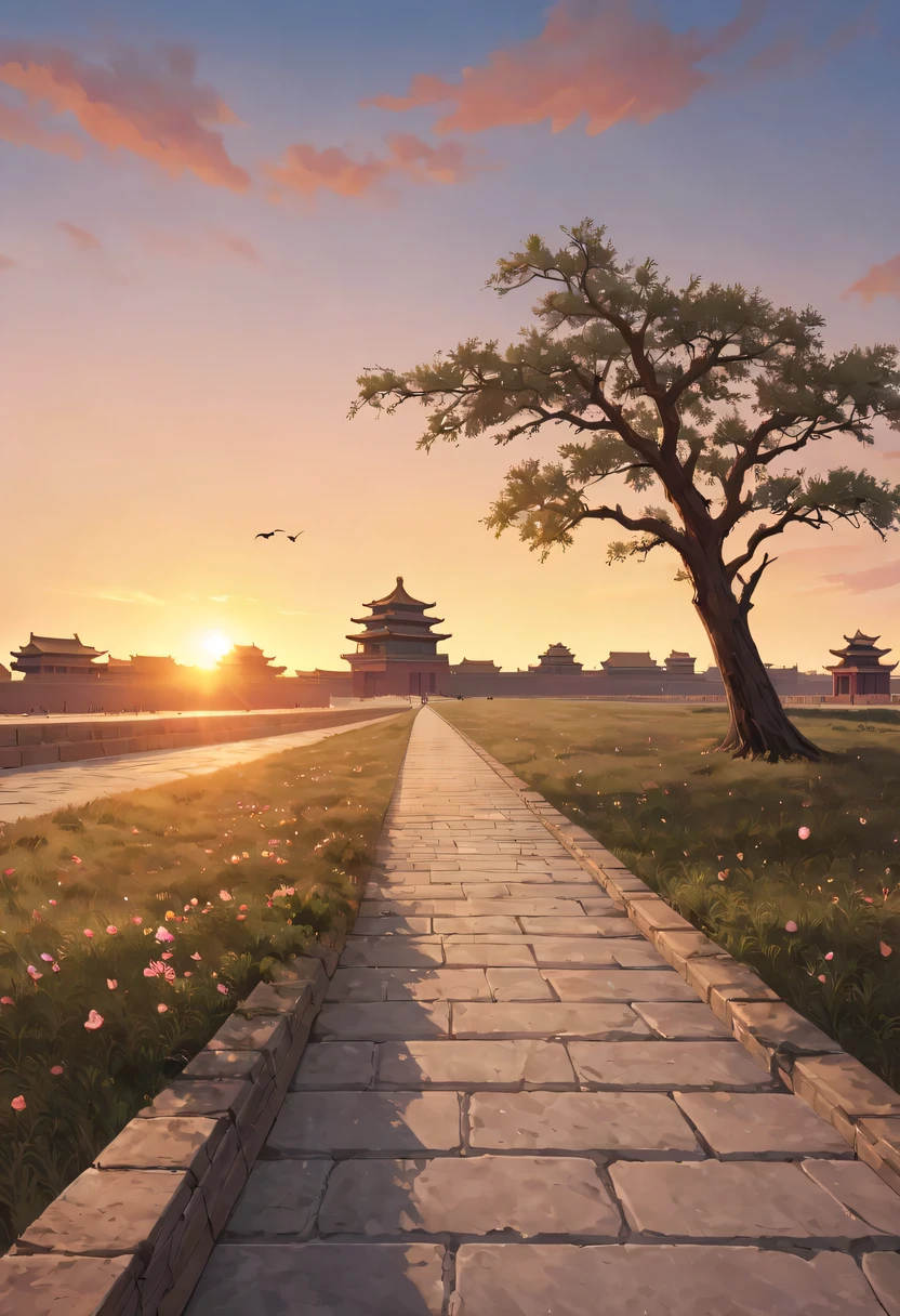 Gaze at the distant skyline，The sunset and the ancient forbidden city create a beautiful scenery，Ancient road westerly wind，the forbidden city，Sunset，Sunset，cloud，fallen flowers，ancient city，dead tree，mottled，grassland，Silent and desolate，Old crow