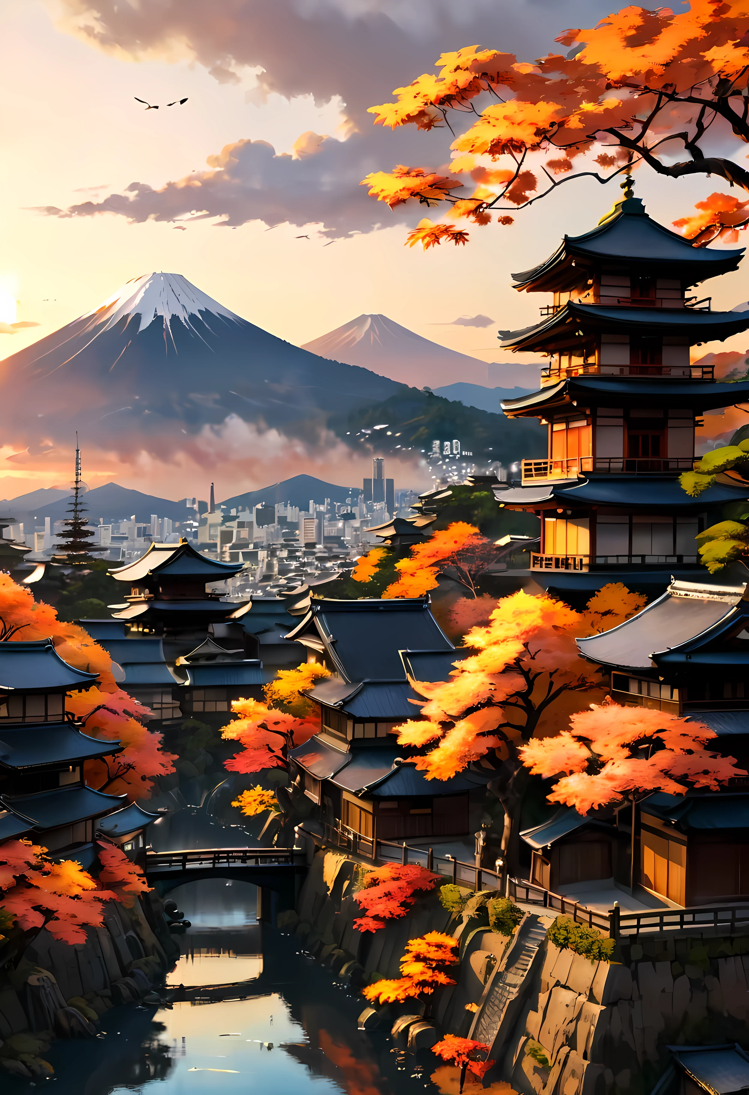 Red Fall Tree at park terrace overlooks Ancient city of Kyoto with view of the mountain, mesmerizing ancient city landscape bathed by Sunset light,((golden hour time):1.2),((Japanese ancient city):1.2),((Sunset sky at autumn):1.1),delicate golden hour light, amazing wallpapers, beautiful surroundings, optimistic matte painting, Beautiful digital artwork, Japanese ancient city background, Beautiful and detailed scenes, UHD underground, UHD landscape, Majestic concept art, beautiful Ancient City. |(Masterpiece in maximum 16K resolution), the best quality, (very detailed CG unity 16k wallpaper quality),(Soft colors 16k highly detailed digital art),Super Detailed. | Perfect image,16k UE5,official painting, superfine, Depth of field, no contrast, clean sharp focus, professional, No blurring. | (((More detail))).