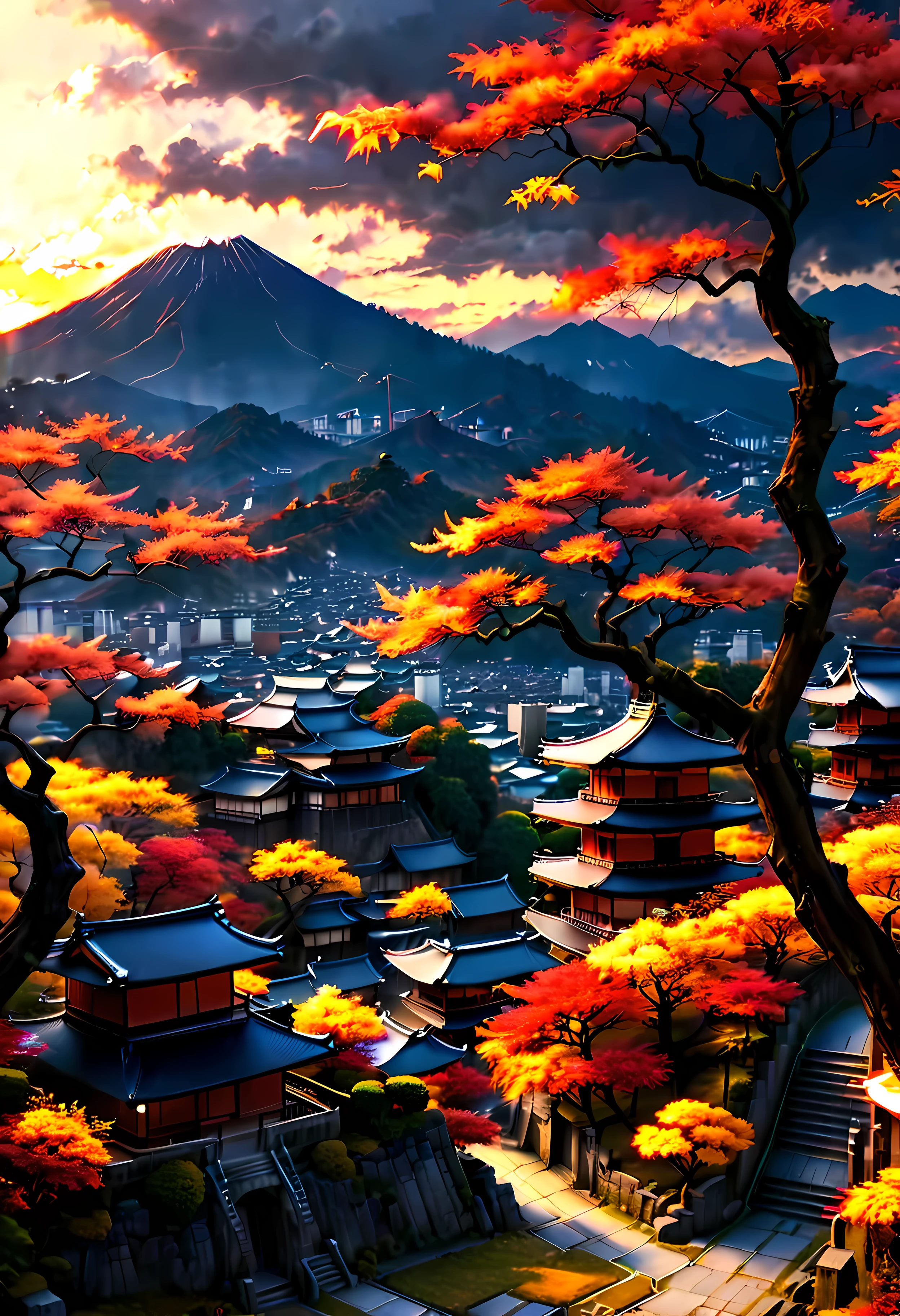 Red Fall Tree at park terrace overlooks Ancient city of Kyoto with view of the mountain, mesmerizing ancient city landscape bathed by Sunset light,((golden hour time):1.2),((Japanese ancient city):1.2),((Sunset sky at autumn):1.1),delicate golden hour light, amazing wallpapers, beautiful surroundings, optimistic matte painting, Beautiful digital artwork, Japanese ancient city background, Beautiful and detailed scenes, UHD underground, UHD landscape, Majestic concept art, beautiful Ancient City. |(Masterpiece in maximum 16K resolution), the best quality, (very detailed CG unity 16k wallpaper quality),(Soft colors 16k highly detailed digital art),Super Detailed. | Perfect image,16k UE5,official painting, superfine, Depth of field, no contrast, clean sharp focus, professional, No blurring. | (((More detail))).