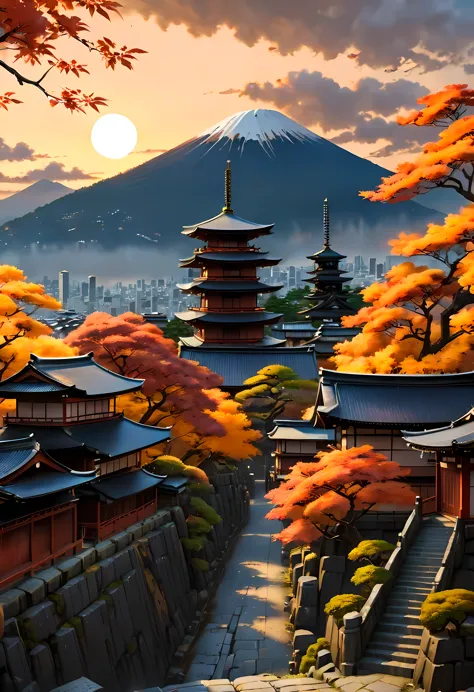 Red Fall Tree at park terrace overlooks Ancient city of Kyoto with view of the mountain, mesmerizing ancient city landscape bath...