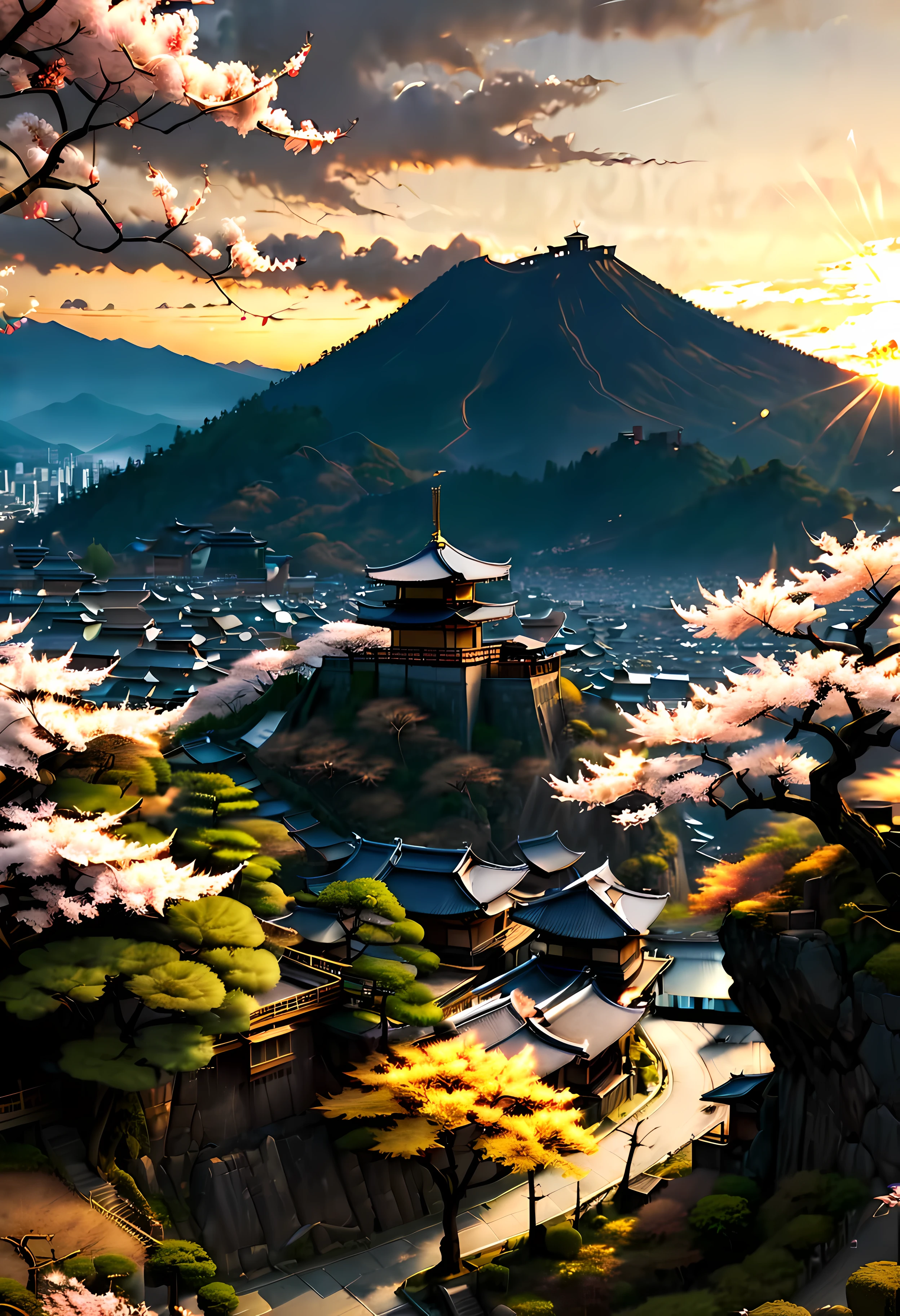 Sakura Tree at park terrace overlooks Ancient city of Kyoto with view of the mountain, mesmerizing ancient city landscape bathed by Sunset light,((golden hour time):1.2),((Japanese ancient city):1.2),((Sunset sky at spring):1.1),delicate golden hour light, amazing wallpapers, beautiful surroundings, optimistic matte painting, Beautiful digital artwork, Japanese ancient city background, Beautiful and detailed scenes, UHD underground, UHD landscape, Masjestic concept art, beautiful Ancient City. |(Masterpiece in maximum 16K resolution), the best quality, (very detailed CG unity 16k wallpaper quality),(Soft colors 16k highly detailed digital art),Super Detailed. | Perfect image,16k UE5,official painting, superfine, Depth of field, no contrast, clean sharp focus, professional, No blurring. | (((More detail))).