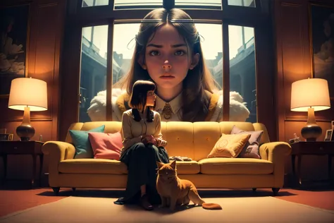 (Ari Aster's Film Still), moody and thought-provoking: 1.2, girl in an intricately detailed living room, sitting on a plush, yel...