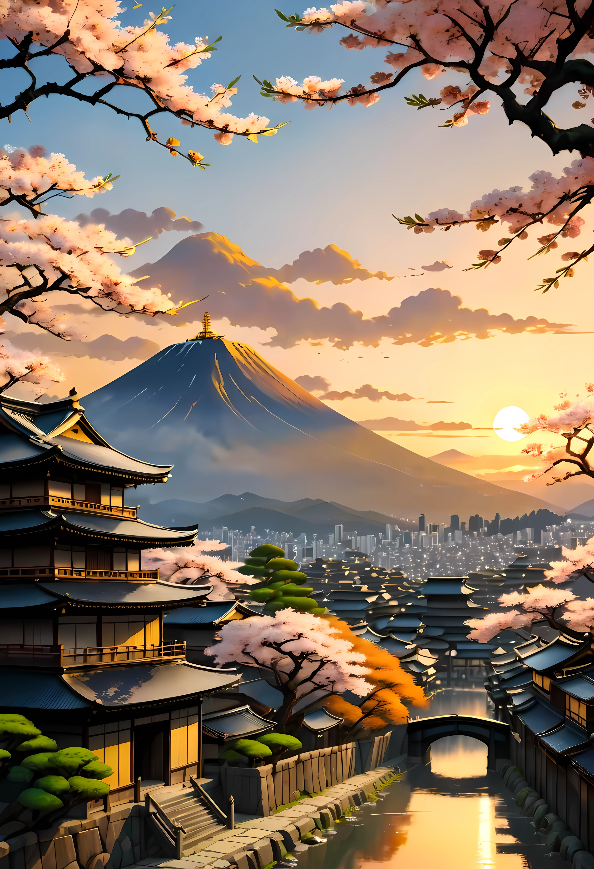 Sakura Tree at park terrace overlooks Ancient city of Kyoto with view of the mountain, mesmerizing ancient city landscape bathed by Sunset light,((golden hour time):1.2),((Japanese ancient city):1.2),((Sunset sky at spring):1.1),delicate golden hour light, amazing wallpapers, beautiful surroundings, optimistic matte painting, Beautiful digital artwork, Japanese ancient city background, Beautiful and detailed scenes, UHD underground, UHD landscape, Majestic concept art, beautiful Ancient City. |(Masterpiece in maximum 16K resolution), the best quality, (very detailed CG unity 16k wallpaper quality),(Soft colors 16k highly detailed digital art),Super Detailed. | Perfect image,16k UE5,official painting, superfine, Depth of field, no contrast, clean sharp focus, professional, No blurring. | (((More detail))).