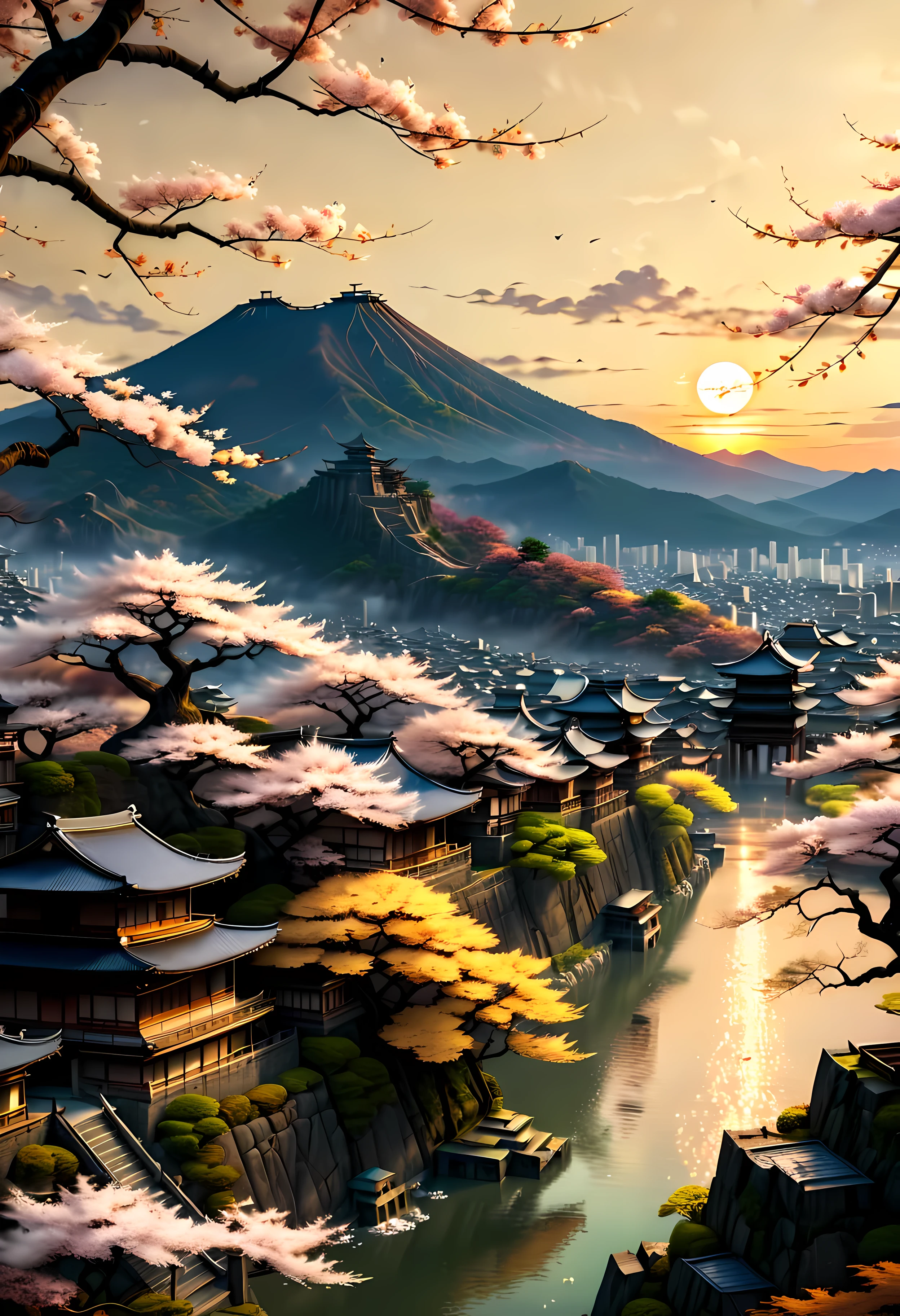 Sakura Tree at park terrace overlooks Ancient city of Kyoto with view of the mountain, mesmerizing ancient city landscape bathed by Sunset light,((golden hour time):1.2),((Japanese ancient city):1.2),((Sunset sky at spring):1.1),delicate golden hour light, amazing wallpapers, beautiful surroundings, optimistic matte painting, Beautiful digital artwork, Japanese ancient city background, Beautiful and detailed scenes, UHD underground, UHD landscape, Majestic concept art, beautiful Ancient City. |(Masterpiece in maximum 16K resolution), the best quality, (very detailed CG unity 16k wallpaper quality),(Soft colors 16k highly detailed digital art),Super Detailed. | Perfect image,16k UE5,official painting, superfine, Depth of field, no contrast, clean sharp focus, professional, No blurring. | (((More detail))).