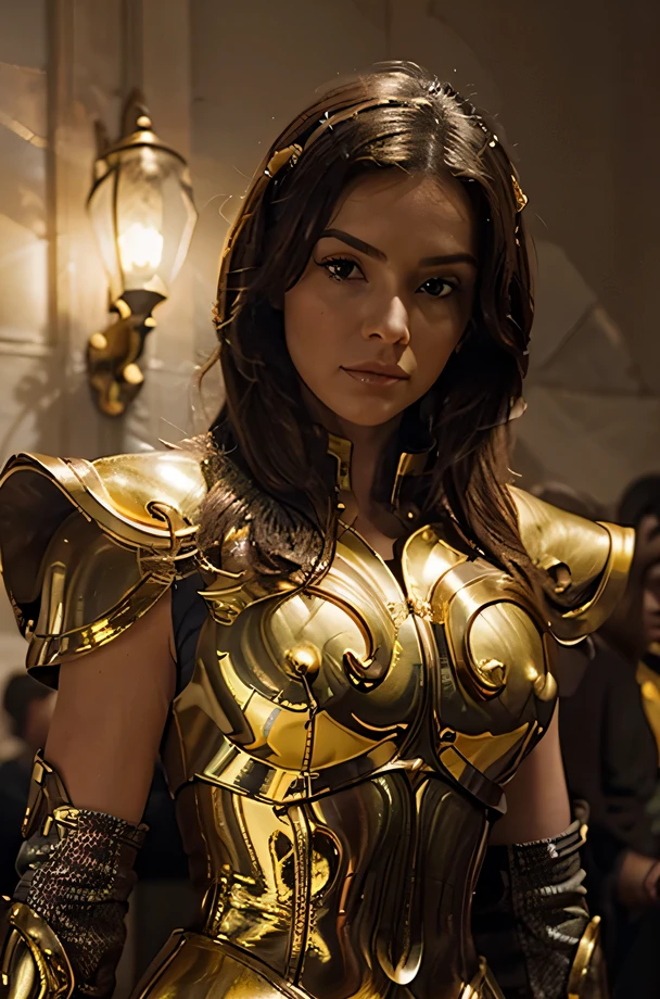 masterpiece, Best Quality, 1girl, (look at the viewer: 1.3), Clear Skin Tight Vinyl, very long purple hair, green eyes, Pale skin,Golden wings, Leo&#39;s Armor, gold armor with white part, armor, hull, Line art, dimly lit, low key,Sharp focus, octane,backlighting